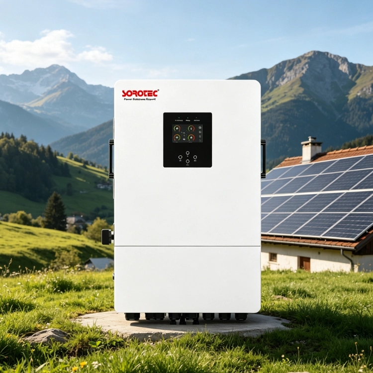 iHESS L3P three-phase hybrid inverter shown beside a multi-array solar roof